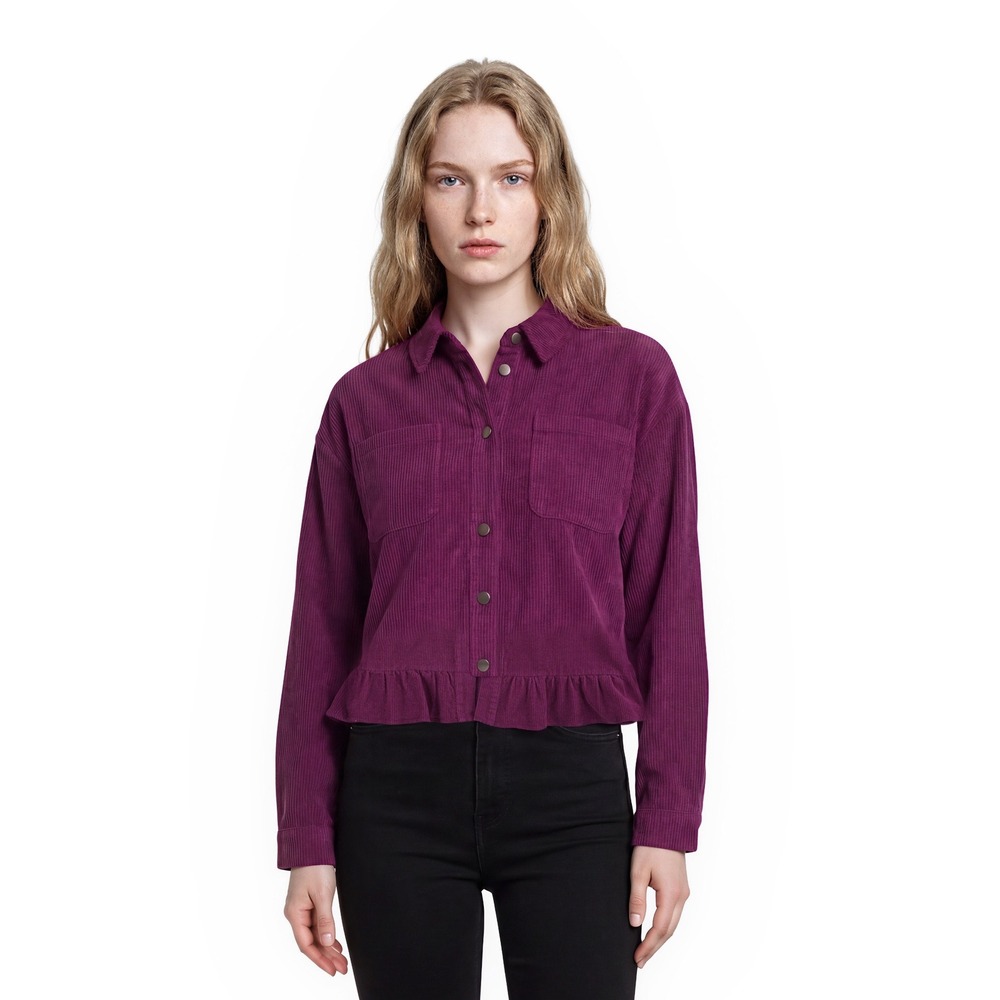 Jodifl Ruffle Hem Corduroy Shirt Top Women's Size Large Magenta Purple Pockets